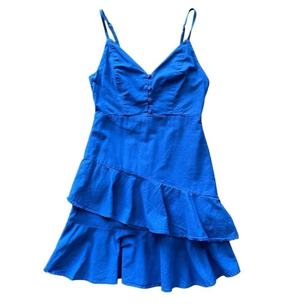 Lulus Brielle Skater Dress Ruffle Blue Size Small - Picture 2 of 7